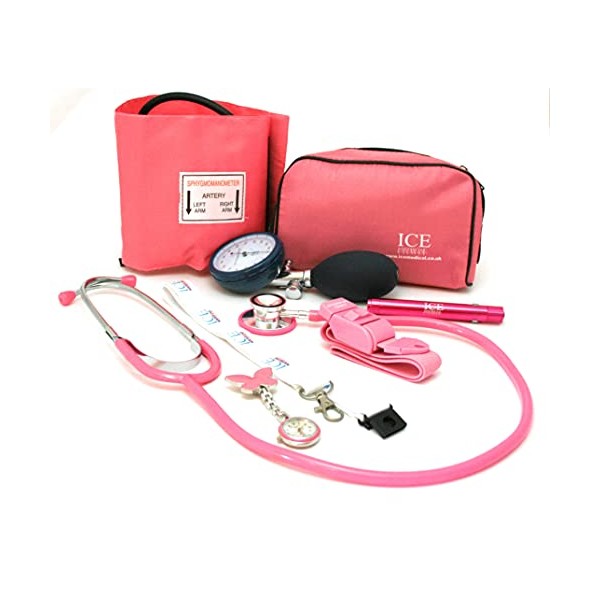 Pink Aneroid Blood Pressure Sphygmomanometer Monitor, Stethoscope, Pen Light (Pen Torch), Tourniquet, Butterfly Nurse Watch, Lanyard ID Card Holder - Starter Set