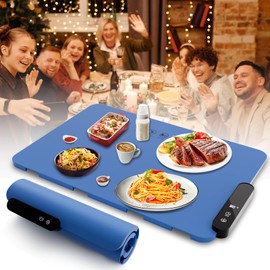Electric Warming Tray, Rollable Food Warming Mat with 5 Temperature 6 Timer Setting Fast Heating Food Warmer for Parties, Buffets Party, Travel - (Small Blue) SIZE:45CM*32CM