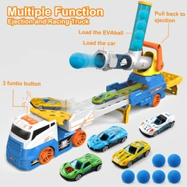 Dwi Dowellin Truck Toys for Kids, 28" Large Car Toys Include 4 Racing Cars+6 Ball, with Light & Sounds, Eejection&Shooting Transport Cars Toy, Gifts for Boys Girls 3-12 Year Old-Blue