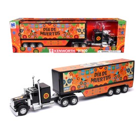 DCD Kenworth W900 Truck 1/32 Diecast Model by New Ray Black 'Dia De Muertos' Graphics Dry Van Trailer for Truck Toy Collectors