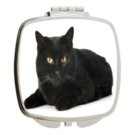 Island Gifting - Black Cat with Gorgeous Bright Yellow Eyes - Square Compact Mirror - Travel Mirror, Htyelloweyes