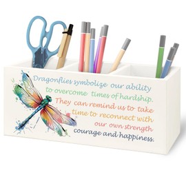 URLLUAE Inspirational Dragonfly Wooden Pen Pencil Holder for Office Desk Accessories, Motivational Gifts for Women, Encouragement Gifts Makeup Brush Toothbrush Holder Organizer