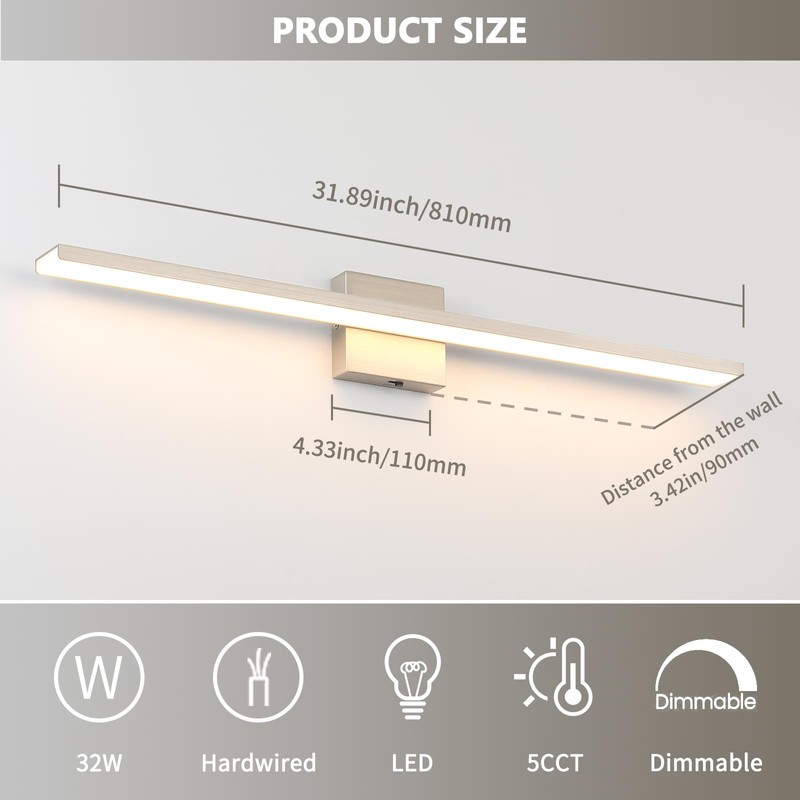 JUSHENG Brushed Nickel Vanity Lights for Bathroom Light Fixtures 5CCT
