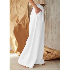 chouyatou Women's Summer High Waisted Cotton Linen Palazzo Wide Leg Casual Pants with Pockets (Small, White)
