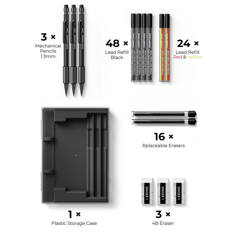 Four Candies 1.3mm Mechanical Pencil Set with 72 Lead Refill,
