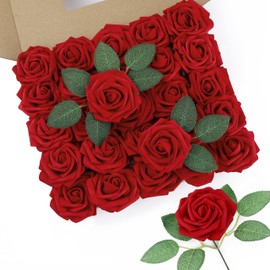 DuHouse 50Pcs Artificial Roses Flowers Fake Roses with Stems Real Touch Foam Flowers for DIY Wedding Bouquet Baby Shower Centerpiece Floral Arrangement Party Home Decor(Dark Red)