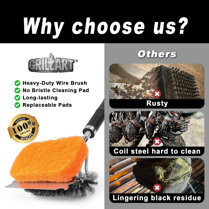 GRILLART Grill Brush [Bristle Free Pad & Wire] Combined BBQ