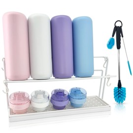 WAKUBON Bottle Drying Rack for Kitchen Countertop - Two-Tier for Water Bottles and Tumblers, Space-Saving Storage Stand with Drainage Tray, Includes Water Bottle Drying Rack Brush Cleaning Set (White)