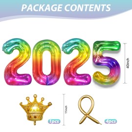 2025 Balloons Rainbow,40 Inch 2025 Number Balloons with Foil Crown Balloons for Happy New Year Decorations New Years Eve 2025 Graduation Decorations Class of 2025 Party Supplies
