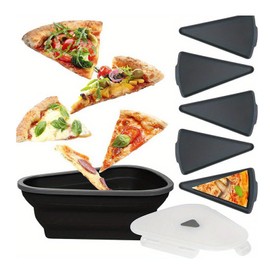 JESUS Caja de pizza de silicona, caja de pizza plegable triangular con 5 bandejas de pizza, apta para microondas y reutilizable (Negro)