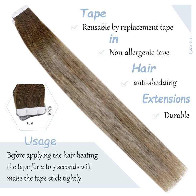 Easyouth Long Tape in Hair Extensions Real Human Hair Balayage
