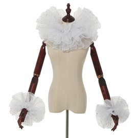 ANDHOM Renaissance Victorian Ruffle Collar and Wrist Cuffs Set Organza Colonial Clown Choker Neck Collar Cuff White