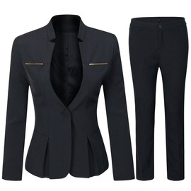 YUNCLOS Women's Elegant Business 2 Piece Office Lady Suit Set Work Blazer Pant (Suit Set-Black, XL)