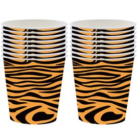 POPOYU Pack of 16 Disposable Paper Cups with Tiger Print Safari Paper Cups with Animal Print Tiger Textured Paper Cups for Kids Birthday Party, Baby Shower, Jungle Safari Theme Party Decoration