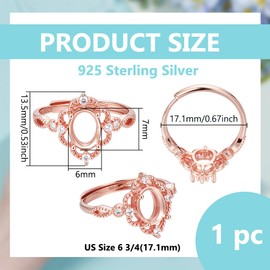 BENECREAT 925 Sterling Silver Oval Prong Ring Settings, Micro Pave Cubic Zirconia Oval Component, Rose Gold Adjustable Prong Ring Settings for Jewelry Making DIY Crafts, Tray: 7x6mm