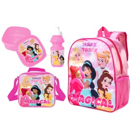 Verona Originals Character 4 Piece Set -Boys Girls Kids Backpack with Side Pocket School Bag + Lunch Bag + Lunch Box Sandwich Box +Water Bottle (Princess Backpack & Lunch Bag Set)