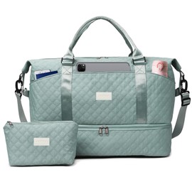 Outplea 50L Large Travel Duffel Bag with Shoe Compartment for Women, Carry on Overnight Weekender Bags with Wet Pocket, Hospital Pack with Small Toiletry Bag, Blue