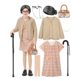 FancyFun 8 Pcs Old Lady Costume for Kids, Girls 100 Days of School Costume Granny Grandma Wig Dress Glasses Cane Accessories Set E 5-7Y