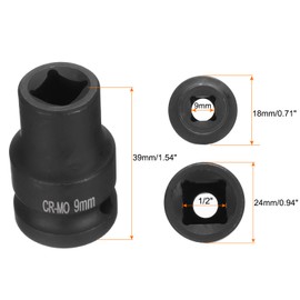 HARFINGTON 4 Point Square Socket 1/2" Drive 9mm Metric Square Impact Socket CR-MO Blackening Standard Wheel Sockets Pneumatic Socket Tool for Auto Repair Mechanical Maintenance Home Use