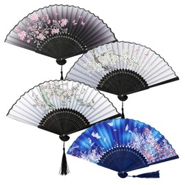Rowbaty 4 Pieces Handheld Fans Floral Folding Fan Chinese Style Silk Bamboo Fans with Tassel for Dancing Wedding Party Gifts Wall Decoration(Grey & Blue)