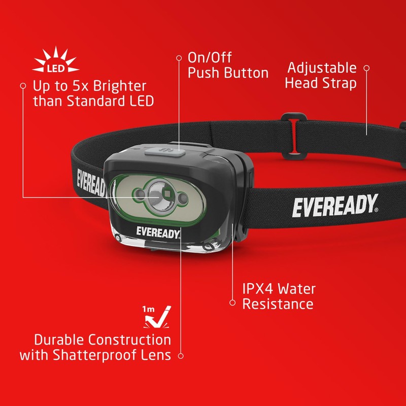 Rechargeable LED Headlamps by Eveready (2-Pack), IPX4 Water Resistant Head