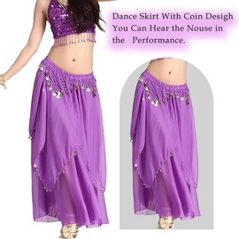 Women's Chiffon Belly Dance Costume Skirts Indian Dance Skirt with Coins (Purple)