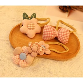 Bethynas Baby Girls Cute Headband Set 3pcs Handmade Puffy Flower Bows Toddler Hairband Elastic Lace Plaid Floral Hair Accessories Set for Newborn Infant Baby (Pink)