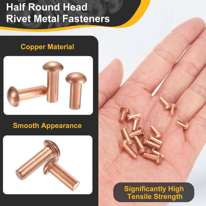 sourcing map 150 Pcs Copper Solid Rivets, 0.12"x0.31" Half Round