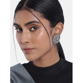 I Jewels Womens 18K Silver Oxidized Indian Wedding Bollywood Kundan Studded Meena Work Designer Circular Stud Earrings (E2932Zpi) Pink