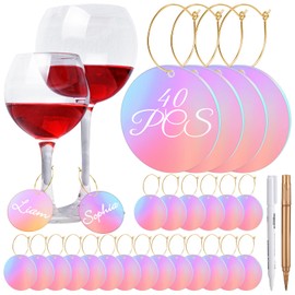 Tondiamo 40 Pcs DIY Wine Charms for Glasses Acrylic Wine Charms with Rings Tags Marker Pen Blank Glass Labels Bulk for Stem Cocktail Champagne Wedding Dinner Party Favor (Round,Iridescent)