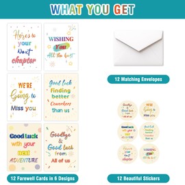 HOMANGA Farewell Cards for Coworker, 12 Pack Going Away Cards with Envelopes and Stickers, Goodbye Card Set for Office Colleagues, Retirement, Moving Away, New Job (Regular Style)