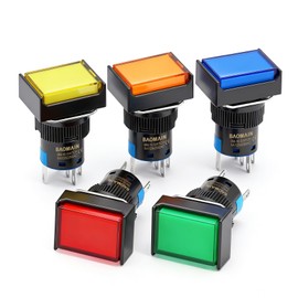 Baomain 5-Pack 16mm (5/8") 24V DC Momentary Push Button Switch with LED,5-Colors (Red,Yellow,Orange,Blue,Green) Rectangular Cap,5-Pin SPDT 1NO+1NC,5A 250V AC