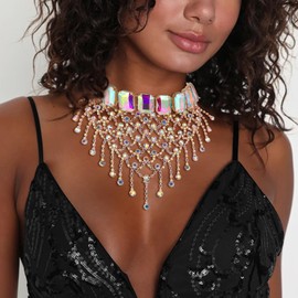 Flyonce Sparkly Rhinestone Tassel Choker Necklace, Shining Crystal Statement Wide Collar Necklaces Tennis Chain Party Nightclub Jewelry Accessories Iridescent AB Gold-Tone
