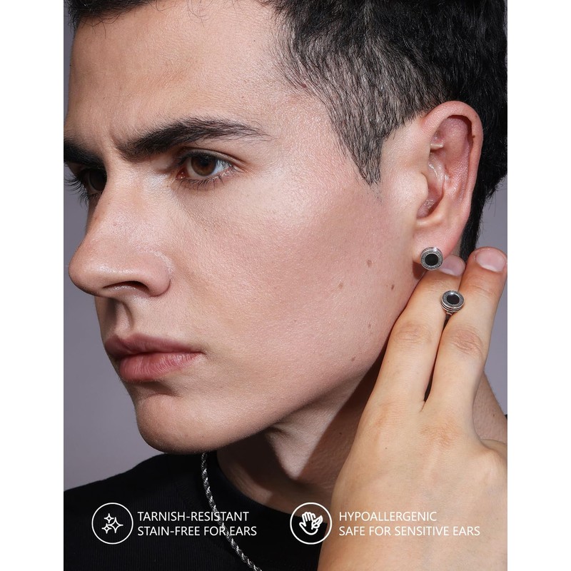 KRKC&CO Black Earrings Stud for Men, 925 Sterling Silver Hypoallergenic