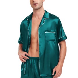 SWOMOG Couple Matching Pajamas Sets Women & Men Button Down Silk Pjs Men Short Sleeve Soft Lounge Sets 2 Pcs Loungewear Green