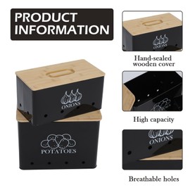 Mowhut Potato and Onion Storage Bin, Potato Container Storage with Aerating Holes & Wooden Lids, Potato and Onion Keeper, Farmhouse Decor, Vegetable Storage Organizer for Potatoes Onion Garlic (Black)