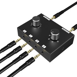 6-Way 3.5mm Stereo Audio Switcher Bi-Directional Audio Switch Splitter Box 2 in 1 Out 4 in 1 Out with Mute Button Support Computer Monitor Power Splitter TV Box