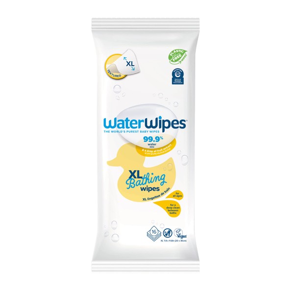 WaterWipes Plastic-Free XL Bathing Wipes for Toddlers & Babies, 99.9% Water Based Wipes, Unscented & Hypoallergenic for Sensitive Skin, 16 Count (1 pack), Packaging May Vary