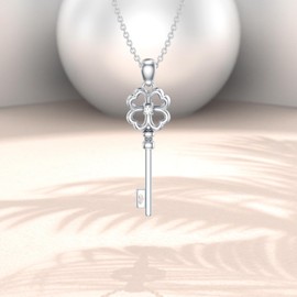 DOLPHERS 925 Sterling Silver Key Necklace Lab Grown Diamond Four Leaf Clover Pendant Gift for Women