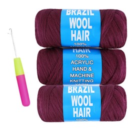 CUUKEA 3 Roll Brazilian Wool Hair Yarn for Braids Jumbo Hair Senegalese Twist Braiding Hair Goddess Locs Crochet Hair Extension Soft Faux Locs Crochet Hair for Black Women (Purplish Red#, 3Roll)
