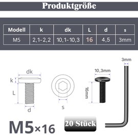 20 Stück M5 x 16 Schrauben, Flachkopfschrauben M5, Linsenkopfschrauben M5 Edelstahl A2 V2A, Innensechskant Flachkopf Vollgewinde M5 Schrauben mit Schraubenschlüssel für Montage Wartung