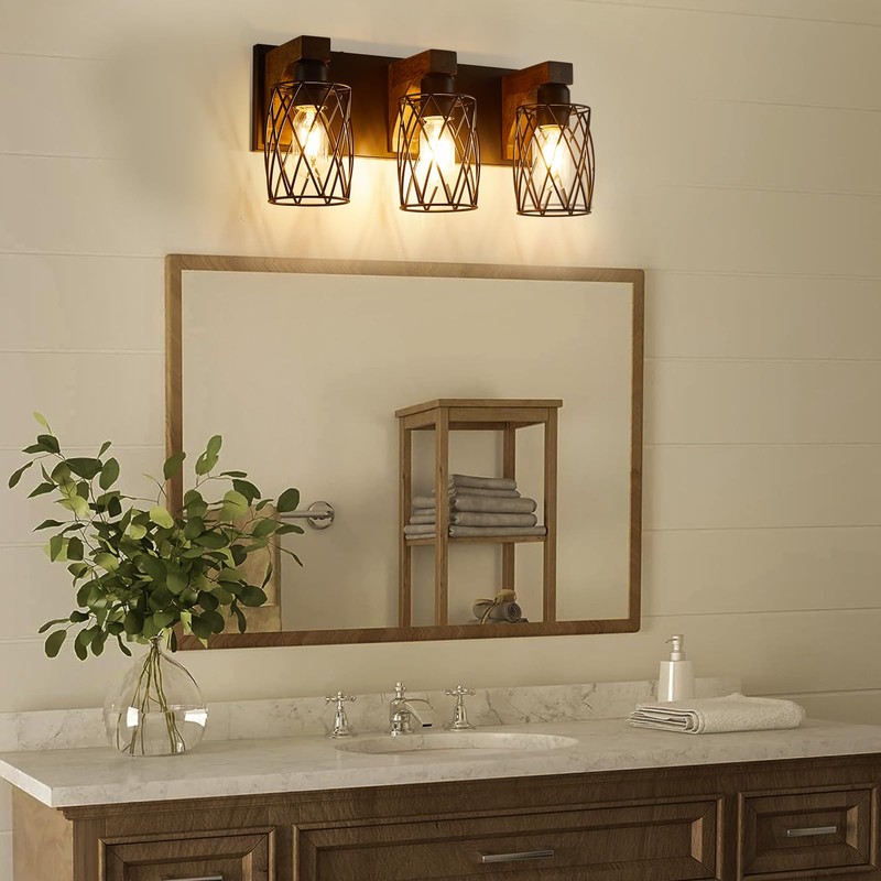 Farmhouse Bathroom Vanity Light, 3-Light Wood Bathroom Light Fixtures Over