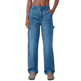 PLNOTME Women's High Waisted Boyfriend Jeans Straight Leg Casual Trendy Denim Pants with Pockets Navy Blue