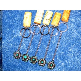 handmade wine CORK KEY CHAIN w/flower silver/black color blue stones (key 12)