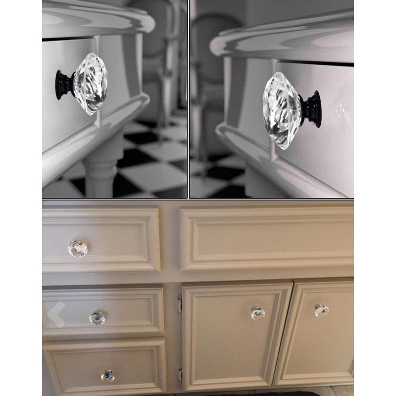 FENSING 6 Pcs 30MM Crystal Black Glass Dresser Knobs Diamond