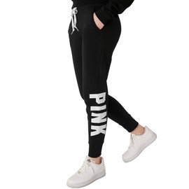 Victoria's Secret Women's Pink Logo Fleece Jogger Sweatpants, Pure Black Sans, XL