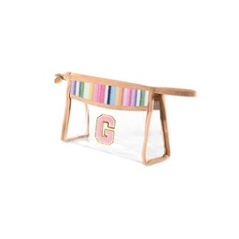 Eptaufty Clear Letter A-Z Initial Makeup Bag with Zipper Traveling,Rainbow Boho Straw Chenille Cosmetic Bag Sunscreen SPF Beach Pouch for Women Skincare,Preppy Patch Toiletry Bag for Girl