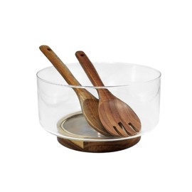 seicasaya 9" Large Glass Salad Bowl Set, with Acacia Wood Base and Utensils for Versatile Serving