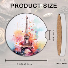 Vintage Eiffel Tower Car Coasters 2 Pack for Cup Holders, 2.56 Inch Ceramic and Absorbent Non-Slip Cork Base with A Finger Notch for Women & Men