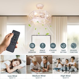Wheatronic 16.5 inch Ceiling Fans with Lights and Remote, Industrial Bedroom Fandelier Ceiling Fans with Lights, White Cage Farmhouse Ceiling Fan with Light, Bedroom, Living Room, Kitchen